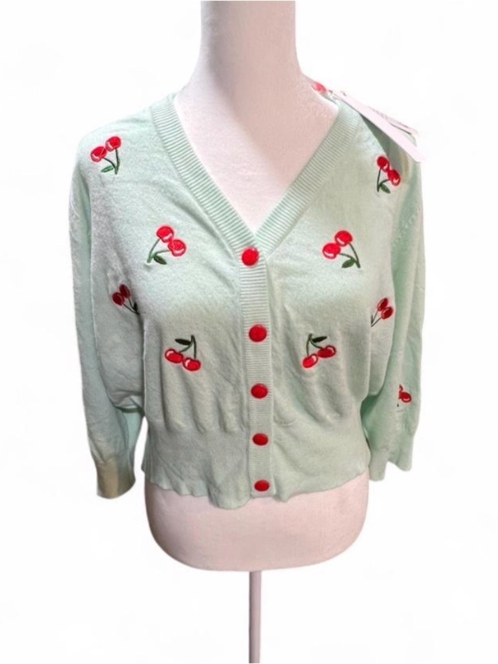 Mint Cherry Embroidered V-Neck Cardigan Sweater
